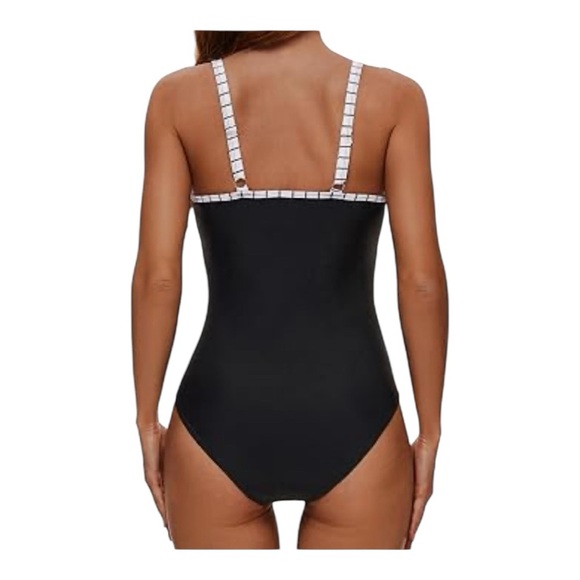 Striped V-neck tummy control one piece monokini with sheer mesh high waist. - Picture 10 of 16